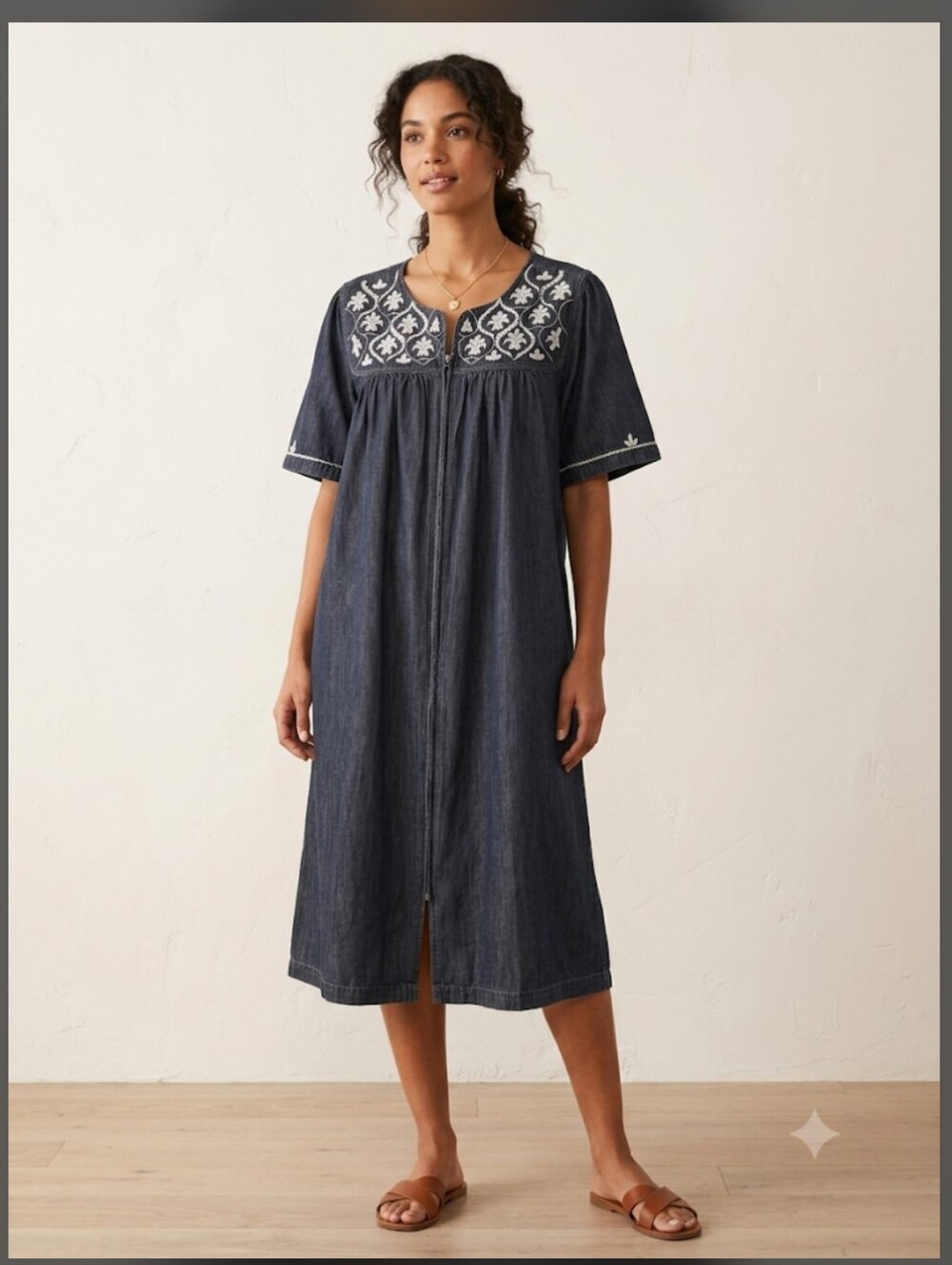 Vintage Go Softly Denim Chambray Smock Muumuu Midi Dress 2X Aztec Arts & Crafts